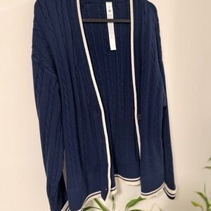 LULULEMON Navy Cable-Knit Open Cardigan with Contrast Trim